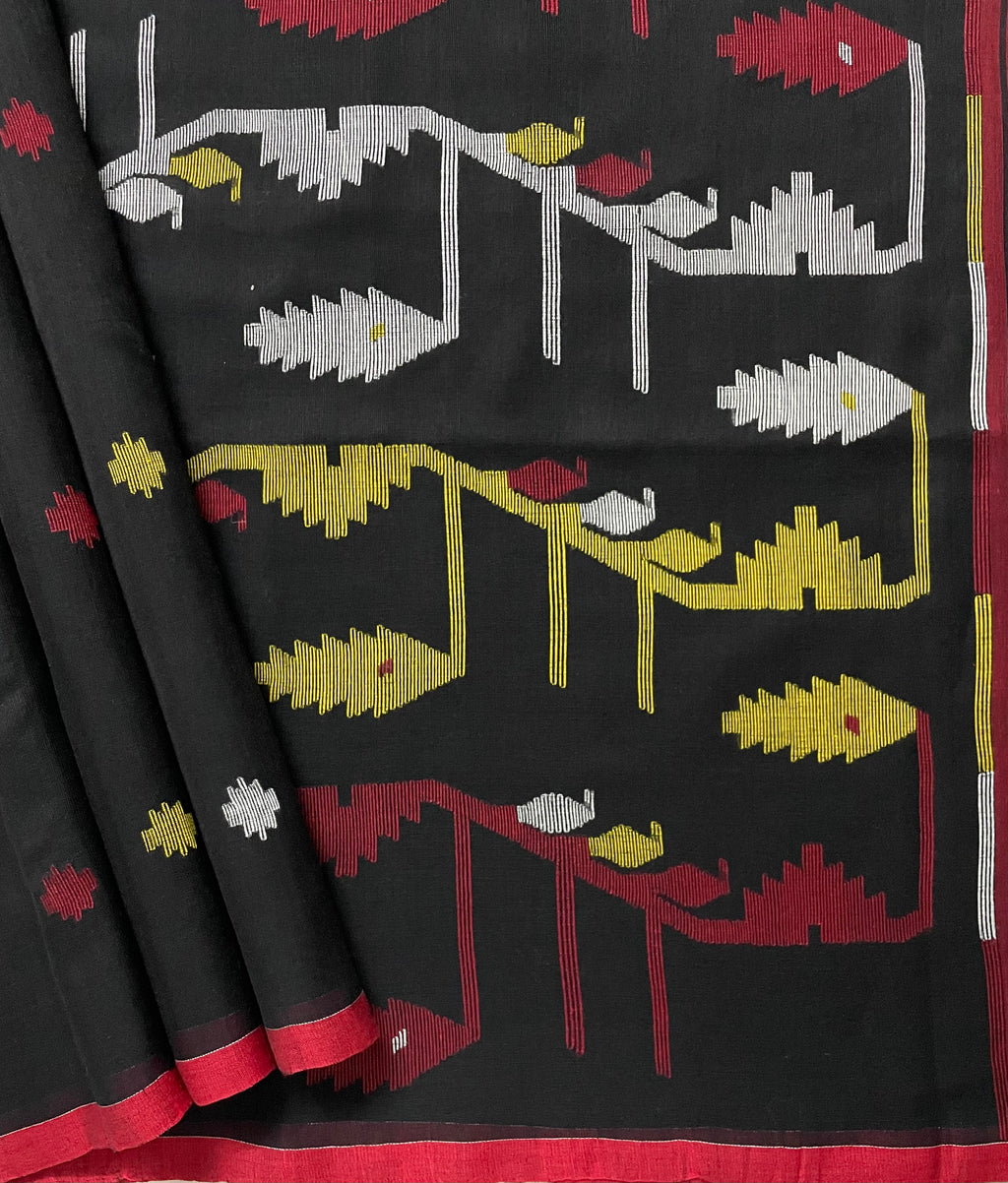 Black - Handloom Cotton Phulia Jamdani Saree with Tassels 18