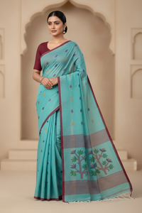 Turquoise Jamdani Bengal Cotton Saree with Red Border and Contrast Motifs