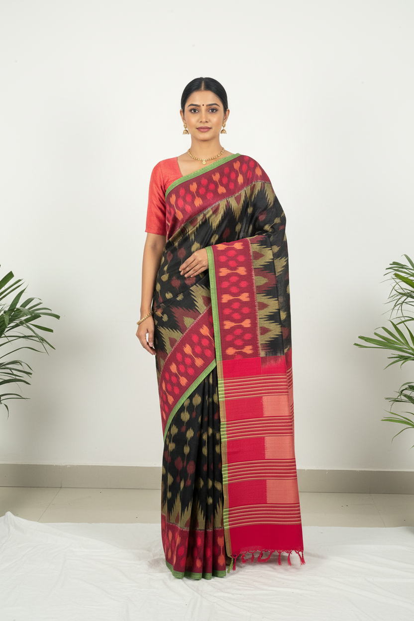 Black Ikkat Cotton Saree with Red Border