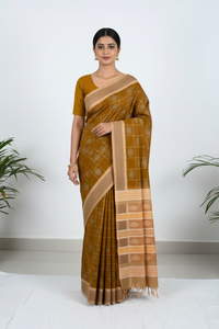 Tawny Brown Ikkat Cotton Saree with Beige Border