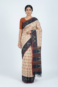 Beige Ikkat Cotton Saree with Black Border