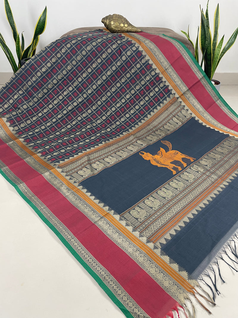 Blue 1000 Butta (Aayiram Putta) Handloom Kanchi Cotton Saree