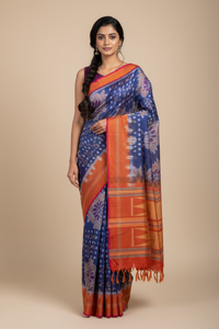 Navy Blue Ikkat Cotton Saree with Ochre Border