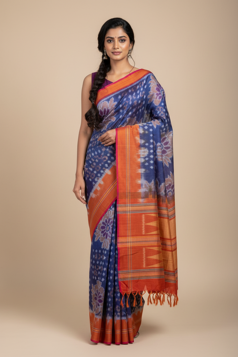 Navy Blue Ikkat Cotton Saree with Ochre Border
