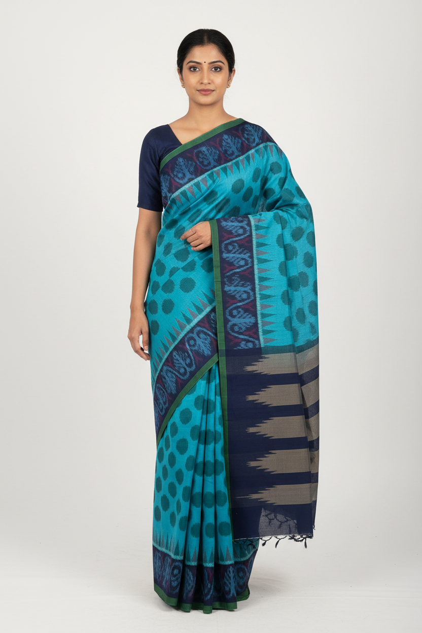 Cyan Blue Ikkat Cotton Saree with Navy Blue Border