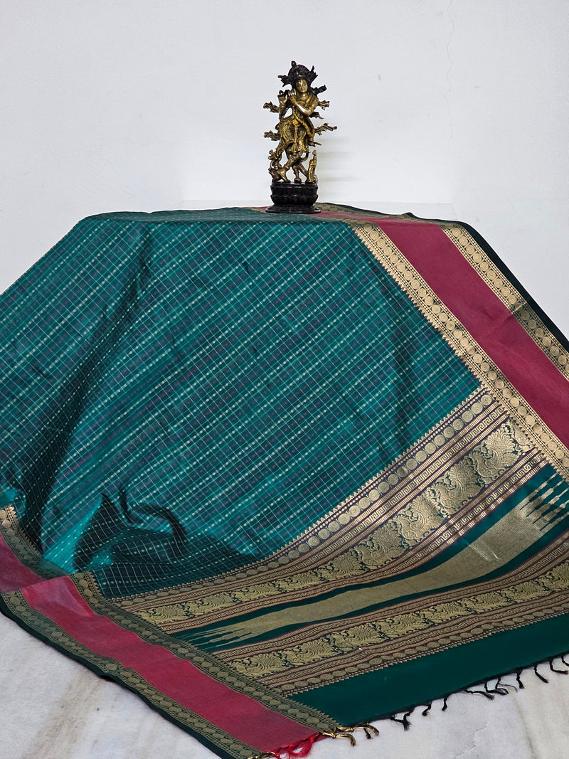 Shatadīpā – Peacock Green Handloom Kanchi Silk Cotton Saree with Lakshadeepam Checks