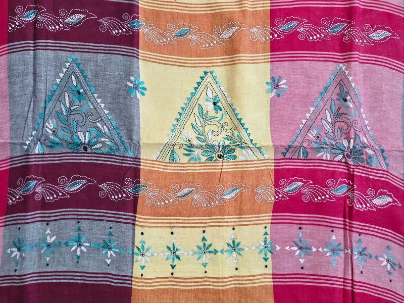 Varnika – Multicoloured Checks Handloom Kantha Cotton Saree Pallu