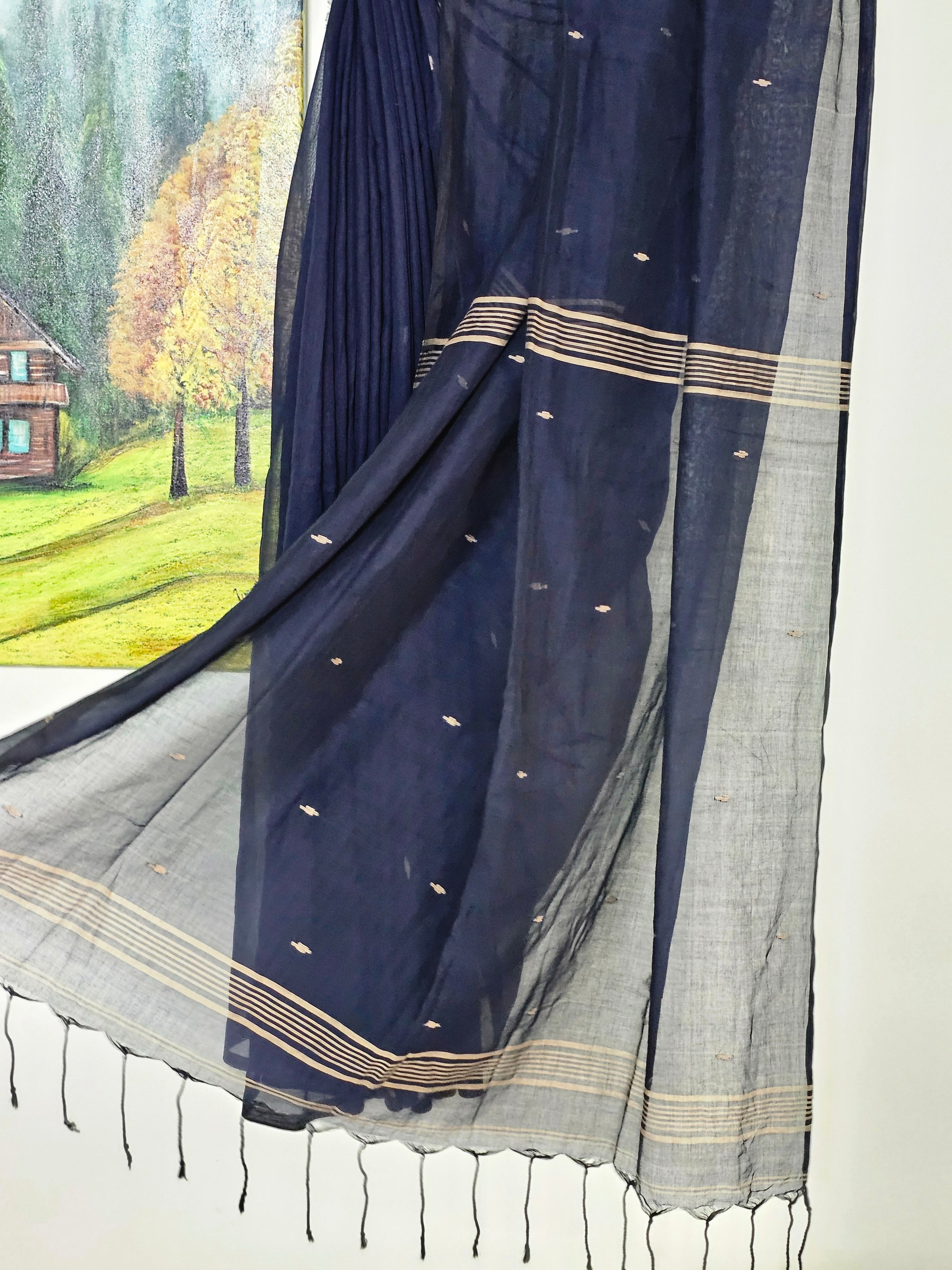 Nivritti – Navy Blue Handloom Khadi Cotton Saree with Woven Butis