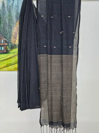 Nivritti – Charcoal Black Khadi Cotton Saree with Woven Butis