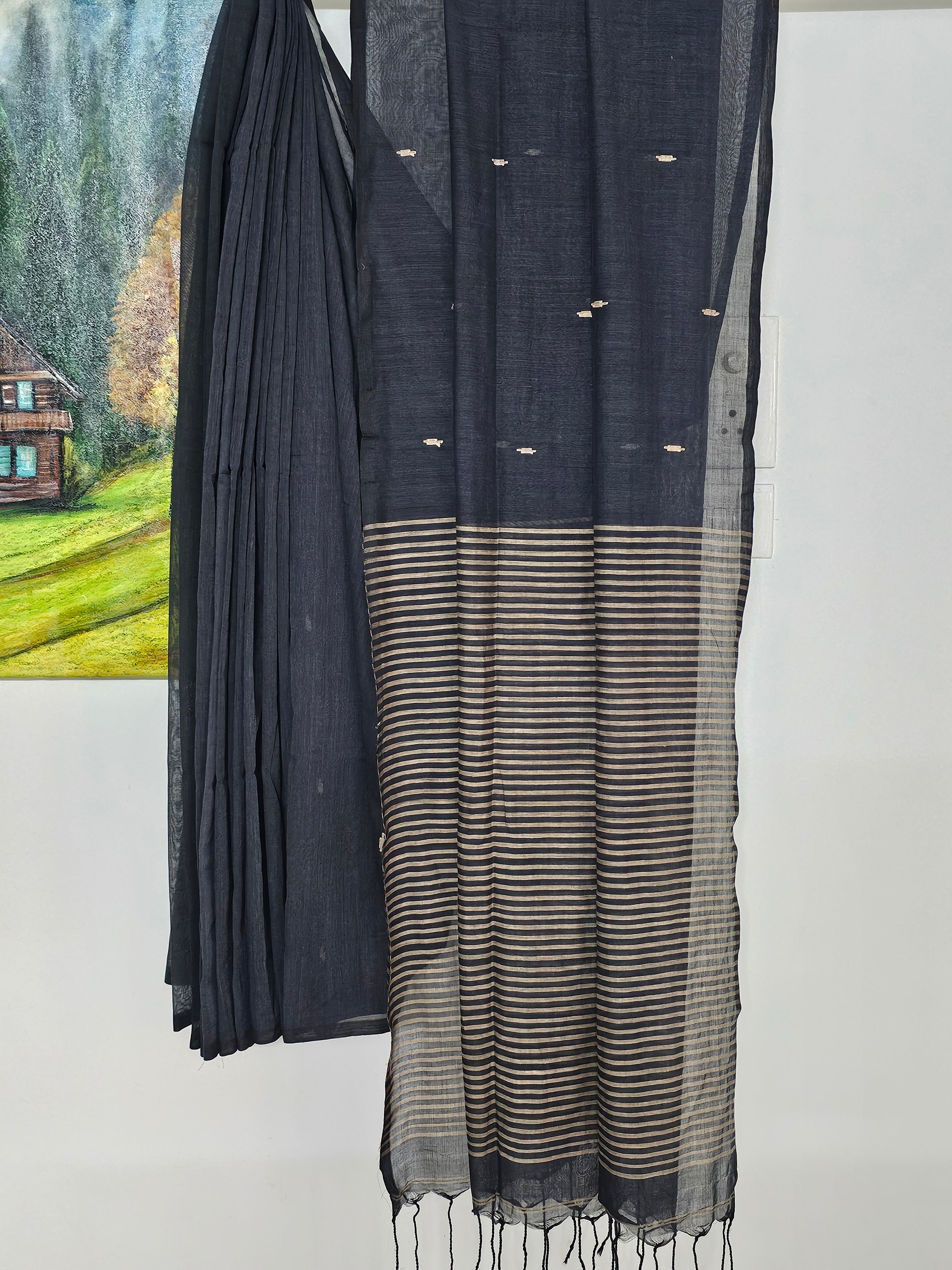Nivritti – Charcoal Black Khadi Cotton Saree with Woven Butis