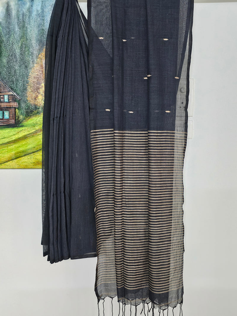 Nivritti – Charcoal Black Khadi Cotton Saree with Woven Butis