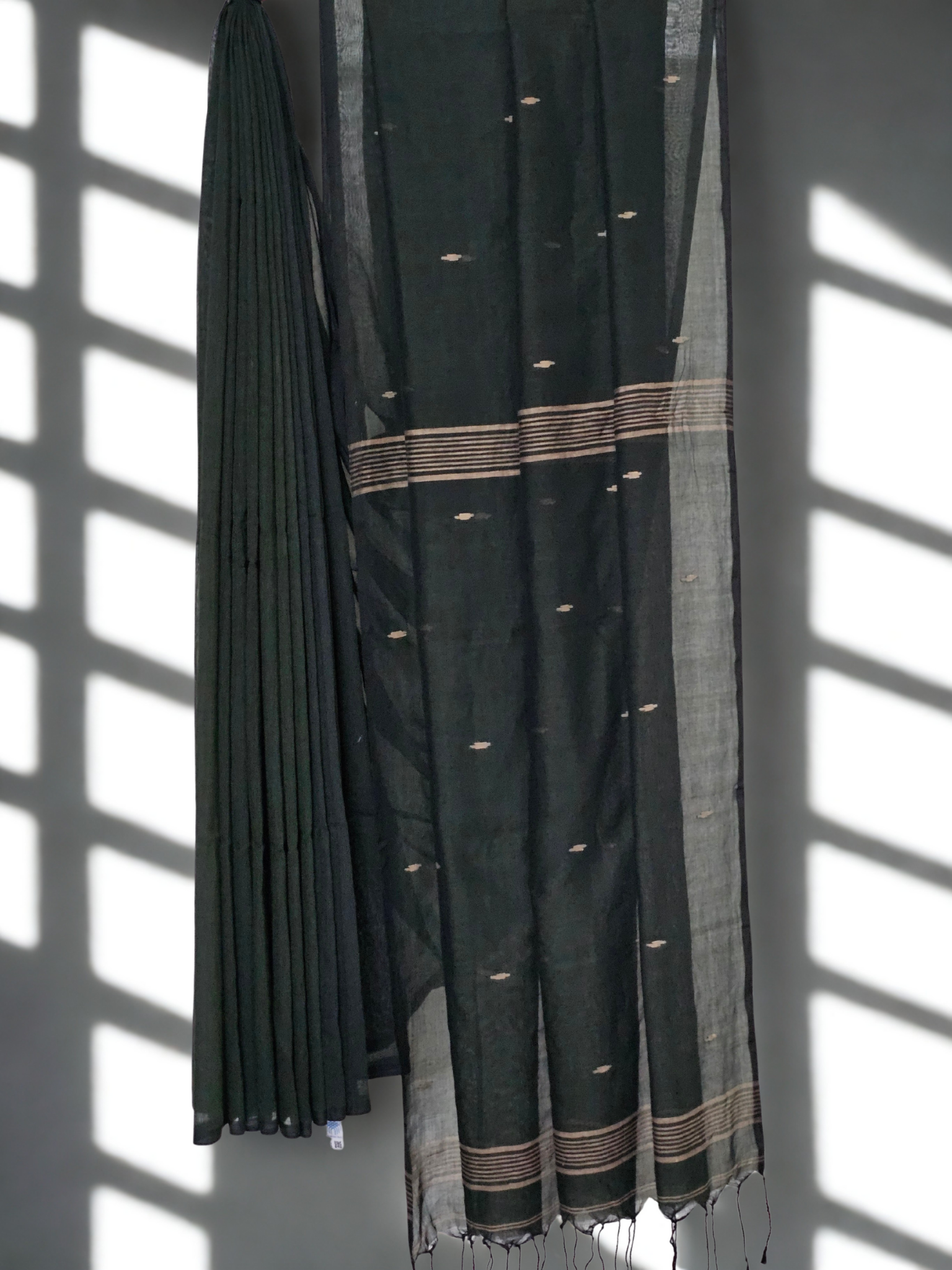Nivritti – Dark Green Khadi Cotton Saree with Woven Butis