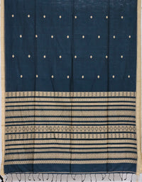 Nishitha – Prussian Blue Handloom Khadi Saree with Beige Border and Pallu