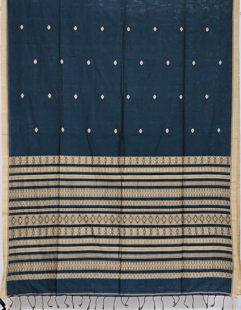 Nishitha – Prussian Blue Handloom Khadi Saree with Beige Border and Pallu