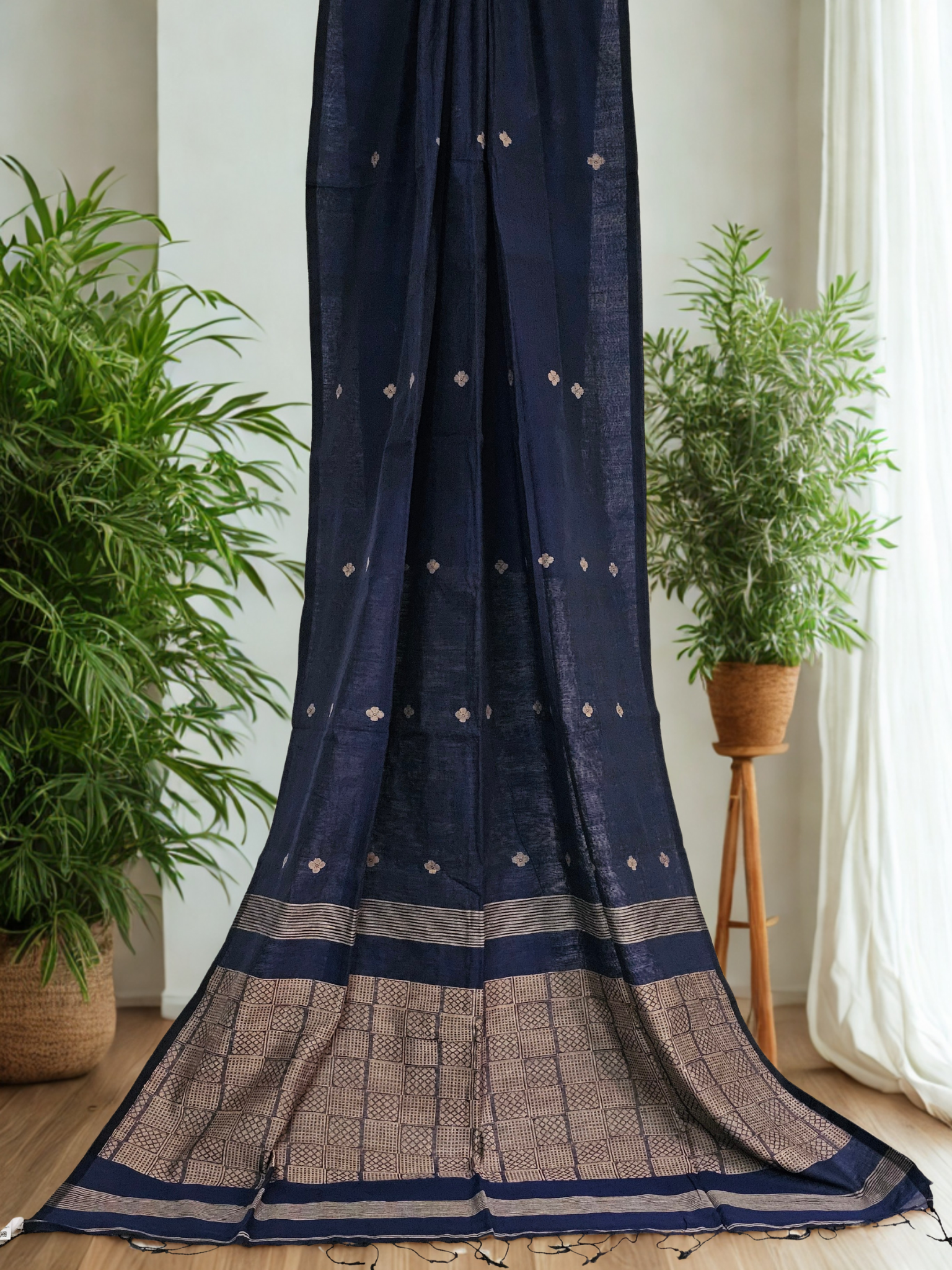 Shaambhavi – Navy Blue Handloom Khadi Saree with Beige Motifs
