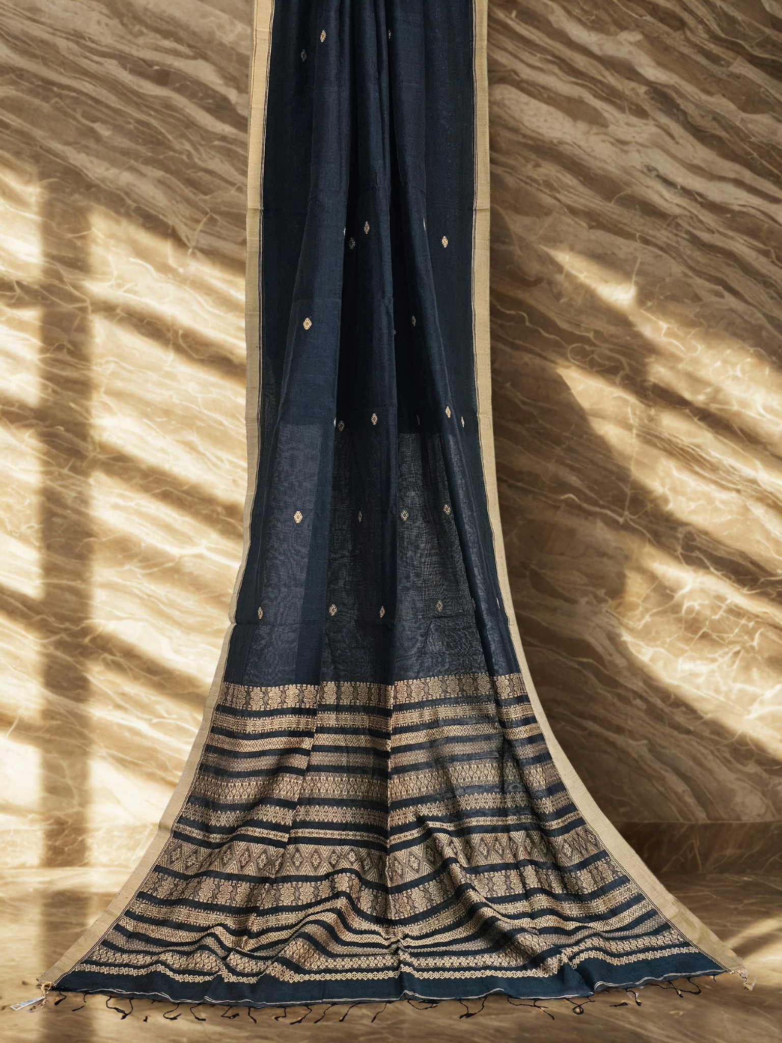 Nishitha – Prussian Blue Handloom Khadi Saree with Beige Border and Pallu