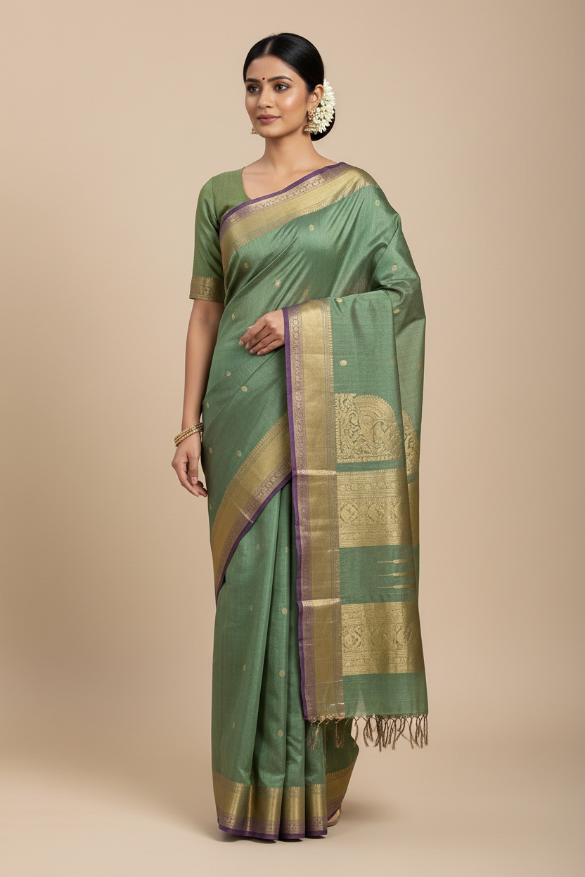 Harini – Pastel Green Handloom Kanchi Silk Cotton Saree with Blue Zari Border
