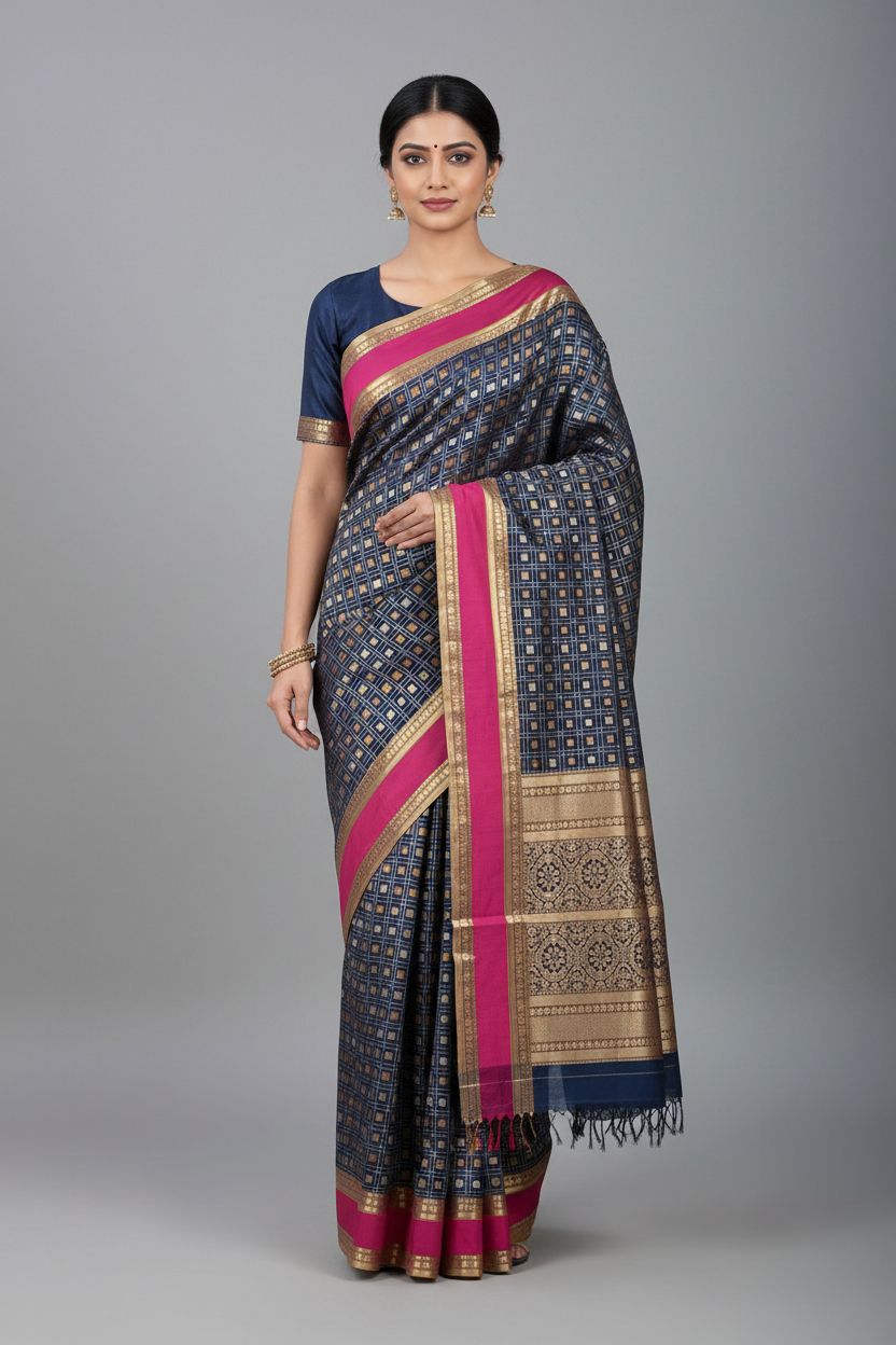 Amritaa – Royal Blue Aayiram Butta Kanchi Silk Cotton Saree
