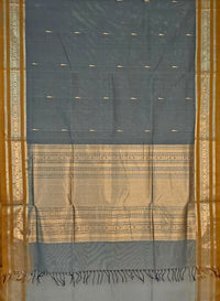 Malligai – Grey Handloom Kanchi Cotton Saree with Jasmine Bud Motifs and Ochre Yellow Zari Border