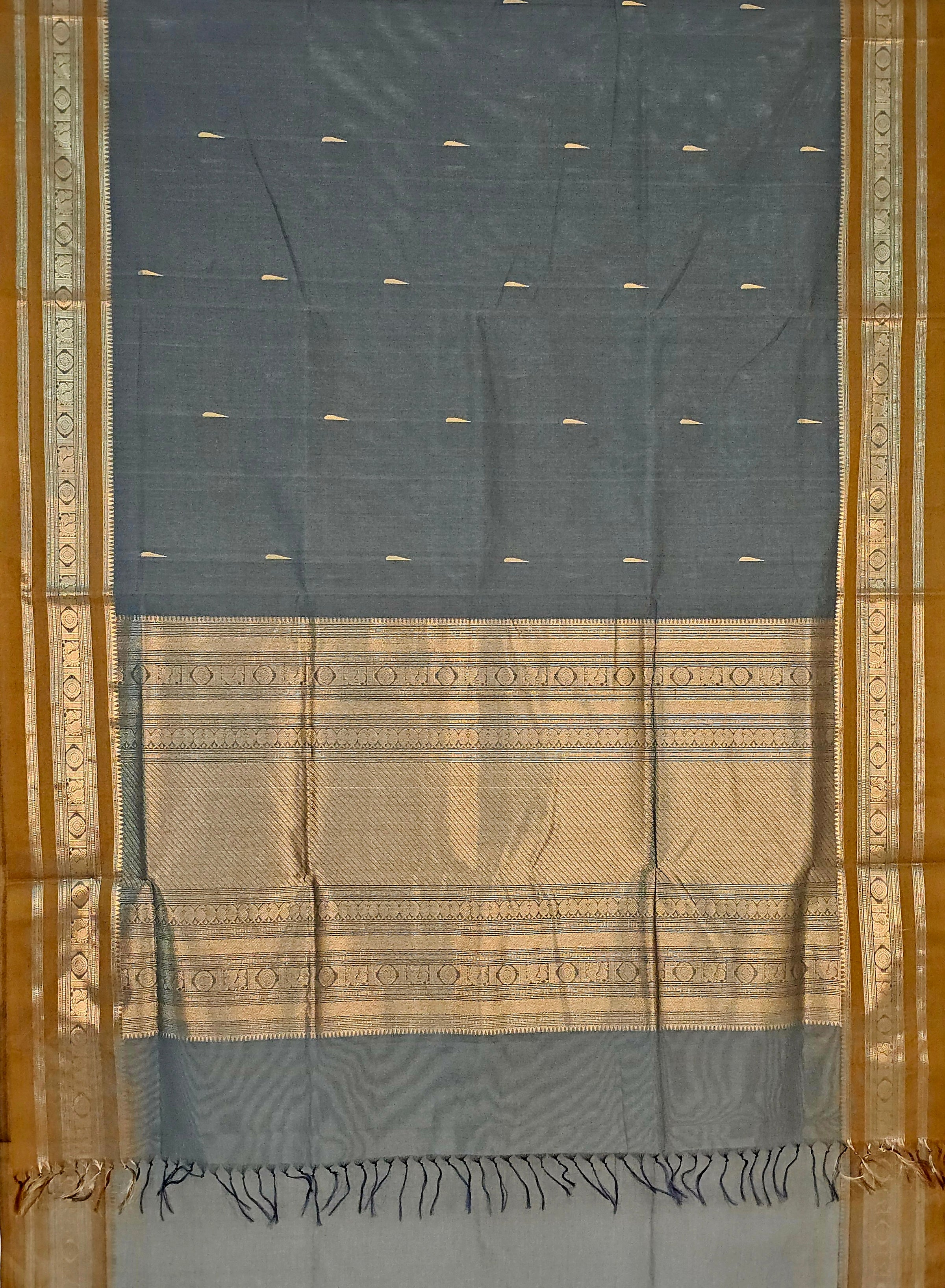Malligai – Grey Handloom Kanchi Cotton Saree with Jasmine Bud Motifs and Ochre Yellow Zari Border