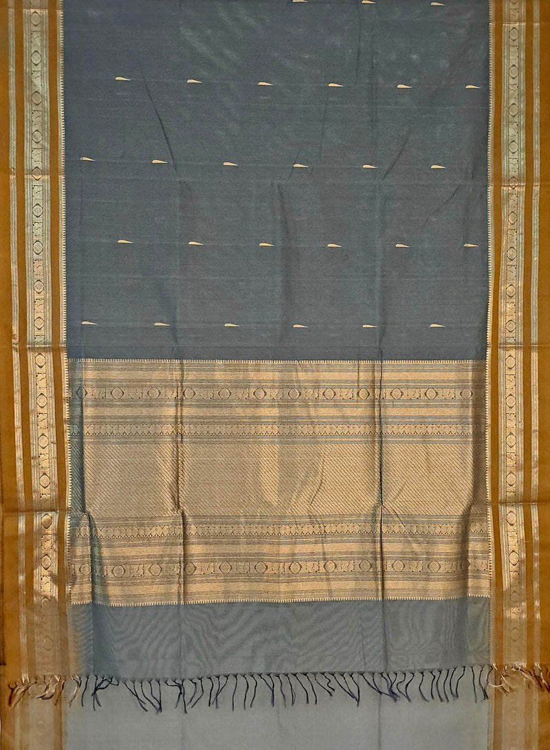 Malligai – Grey Handloom Kanchi Cotton Saree with Jasmine Bud Motifs and Ochre Yellow Zari Border