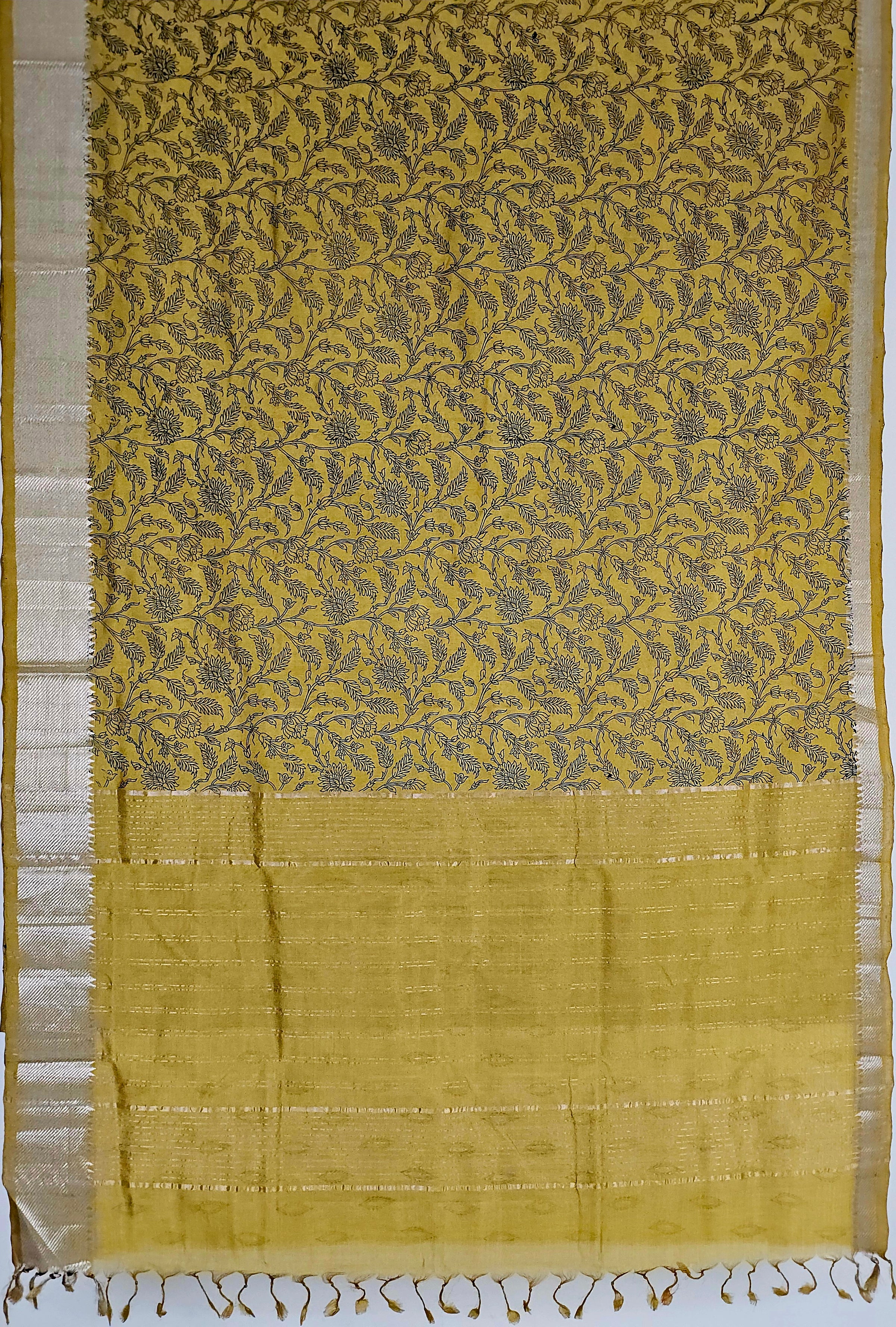 Suryalata – Yellow Handloom Mangalagiri Silk Cotton Saree with Navy Blue Floral Print