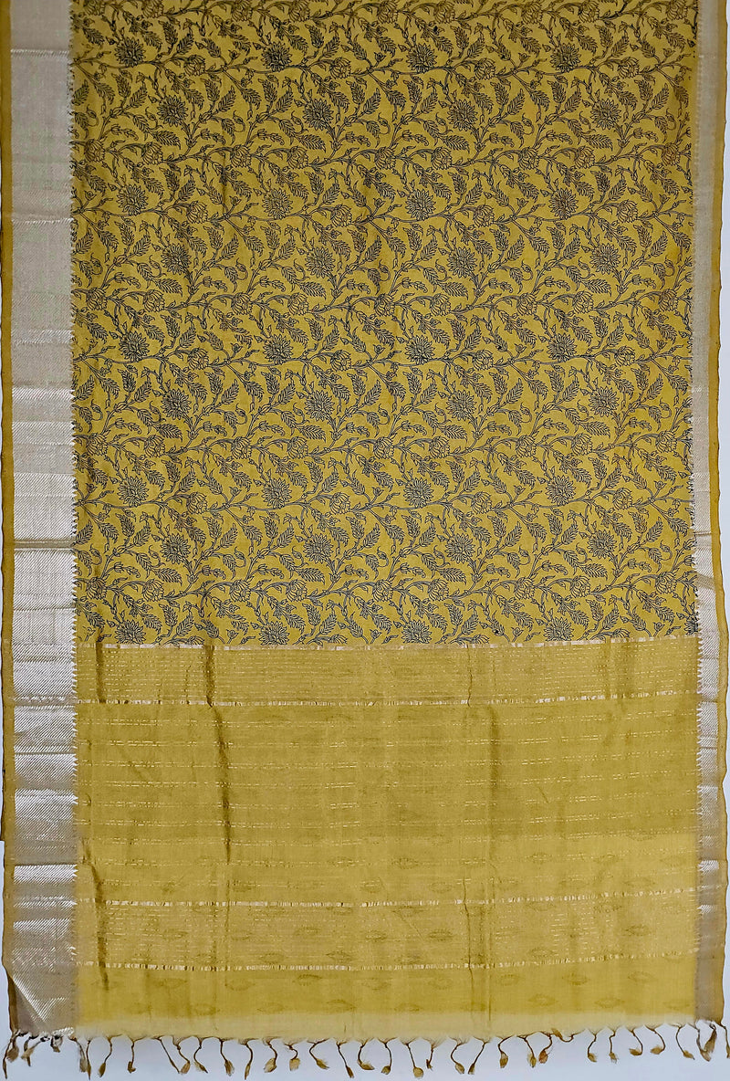 Suryalata – Yellow Handloom Mangalagiri Silk Cotton Saree with Navy Blue Floral Print