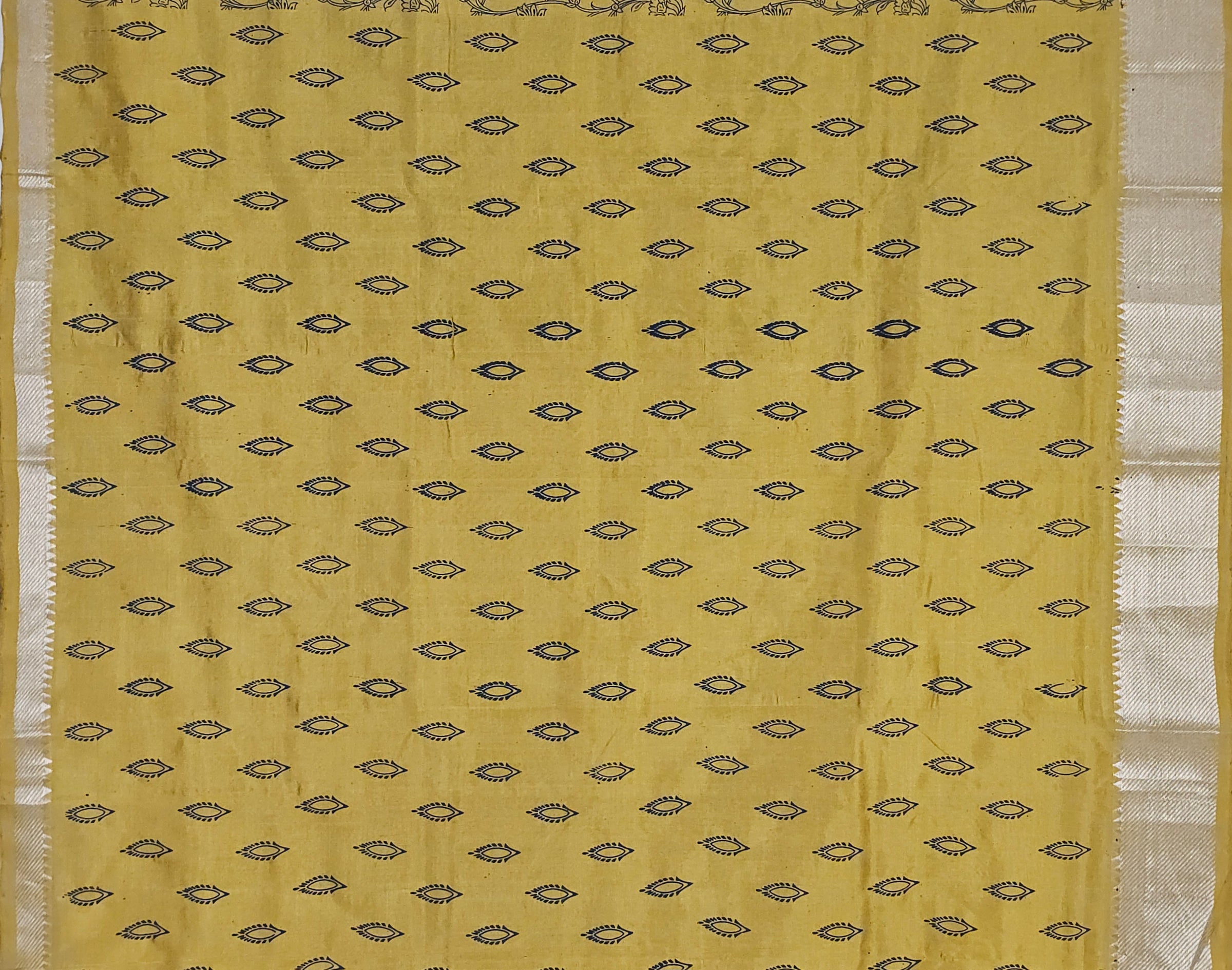 Suryalata – Yellow Handloom Mangalagiri Silk Cotton Saree with Navy Blue Floral Print