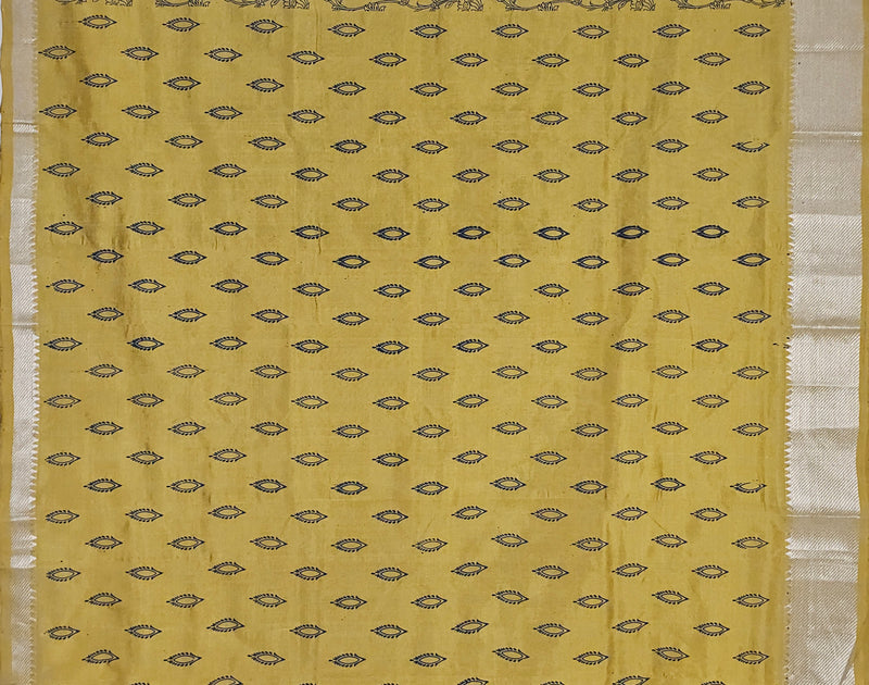 Suryalata – Yellow Handloom Mangalagiri Silk Cotton Saree with Navy Blue Floral Print
