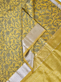 Suryalata – Yellow Handloom Mangalagiri Silk Cotton Saree with Navy Blue Floral Print