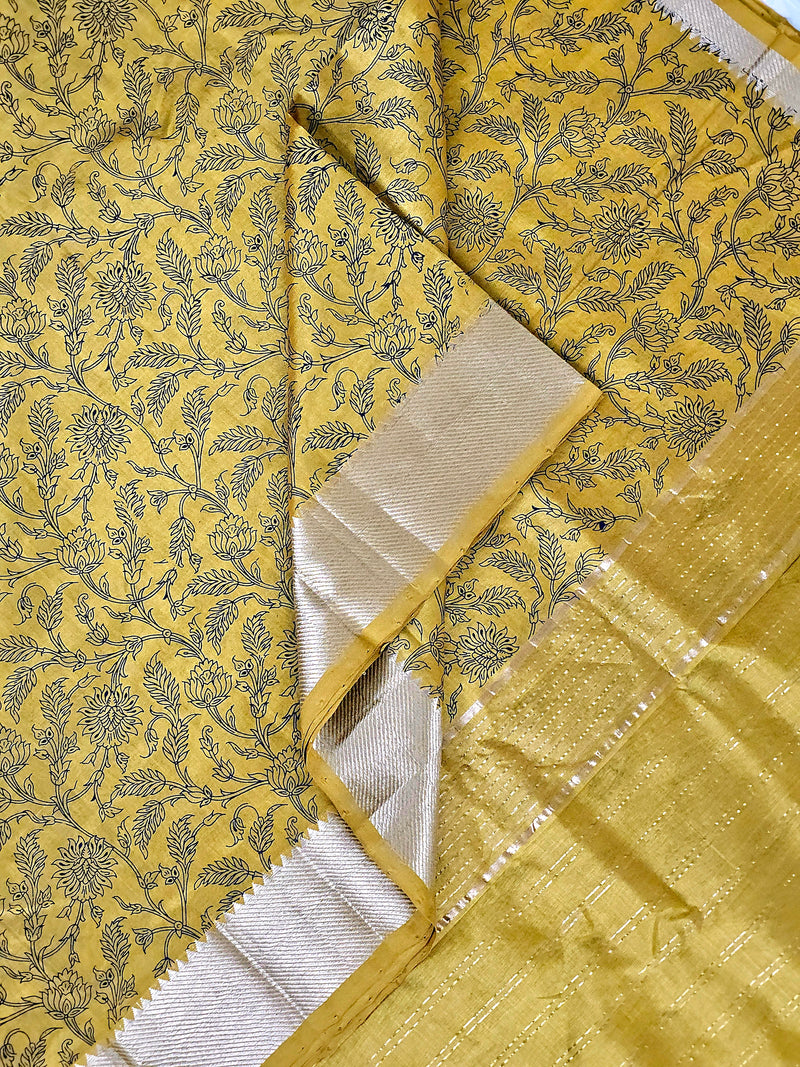 Suryalata – Yellow Handloom Mangalagiri Silk Cotton Saree with Navy Blue Floral Print
