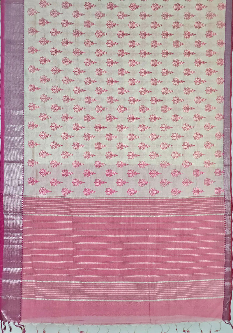Sarada – White and Pink Printed Handloom Mangalagiri Silk Cotton Saree