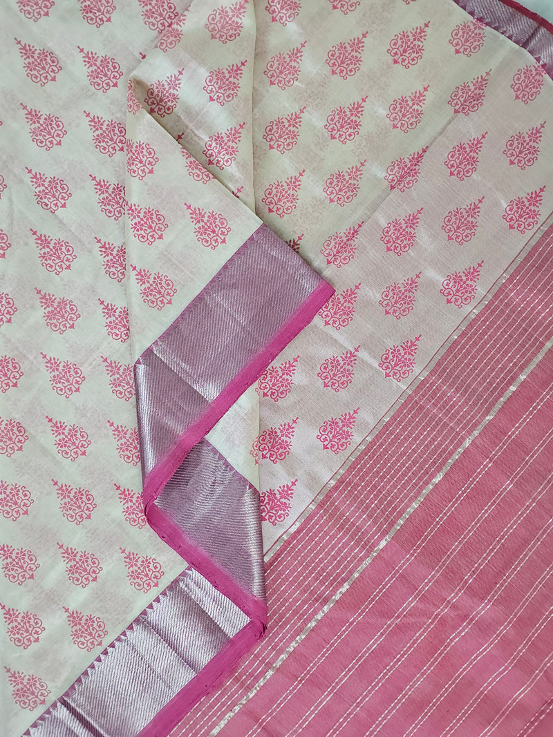 Sarada – White and Pink Printed Handloom Mangalagiri Silk Cotton Saree