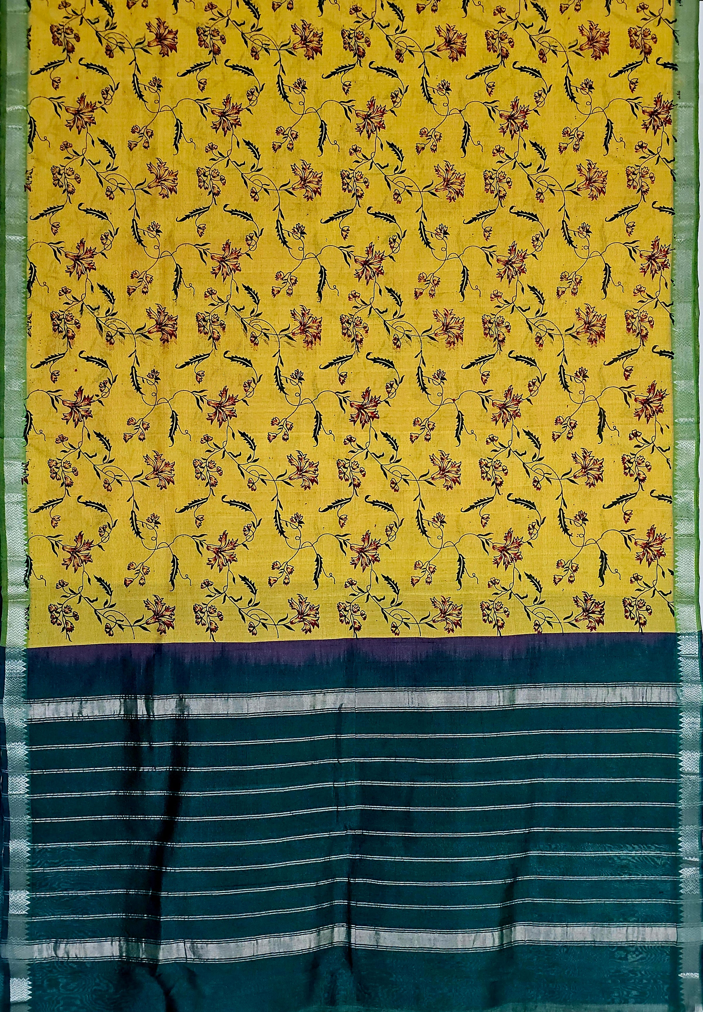 Manjari – Yellow & Green Handloom Mangalagiri Silk Cotton Saree with Floral Print
