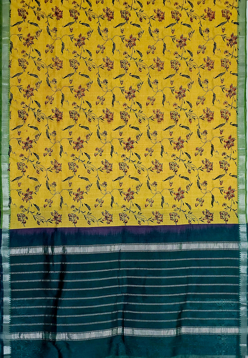 Manjari – Yellow & Green Handloom Mangalagiri Silk Cotton Saree with Floral Print