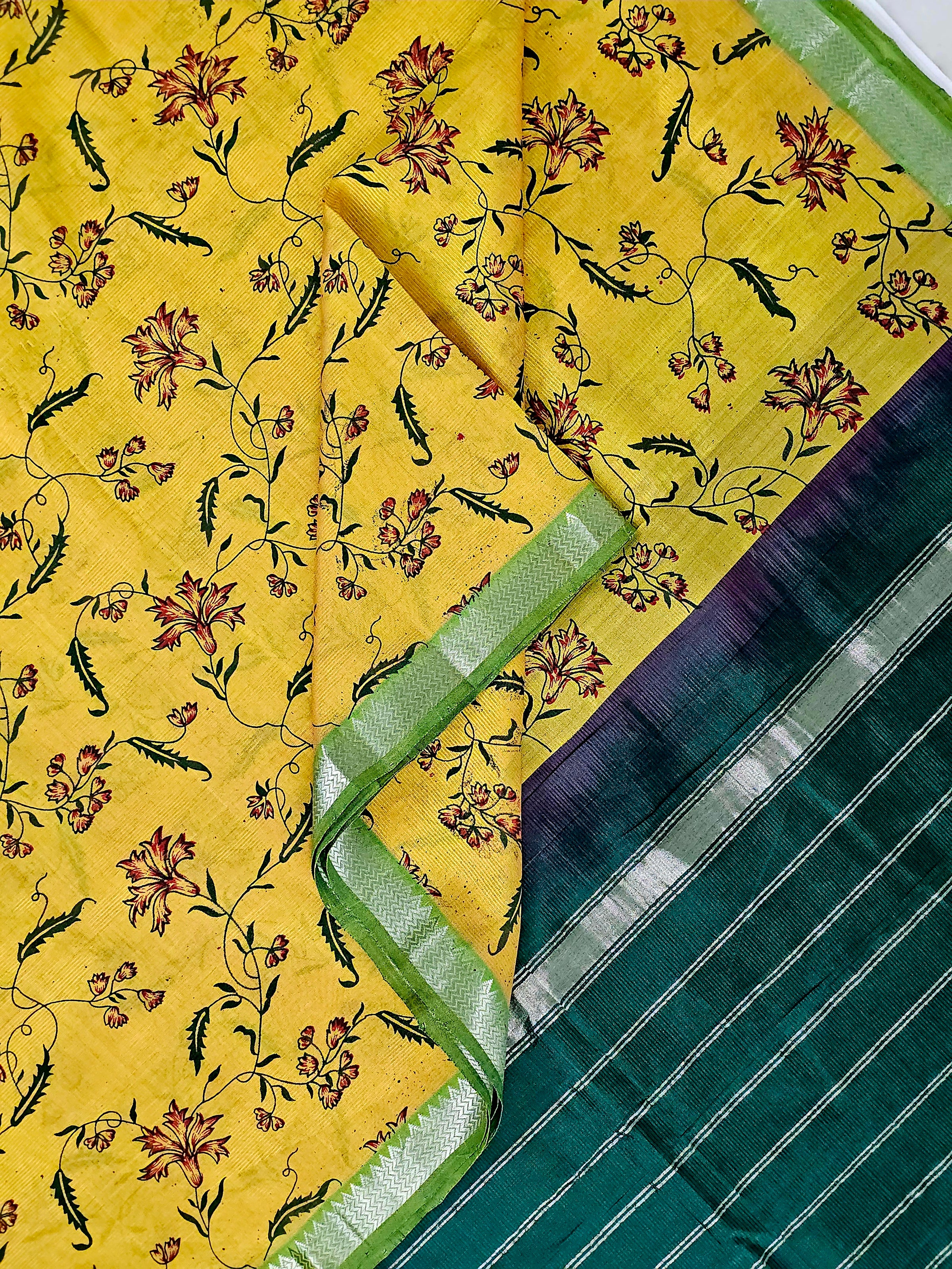 Manjari – Yellow & Green Handloom Mangalagiri Silk Cotton Saree with Floral Print