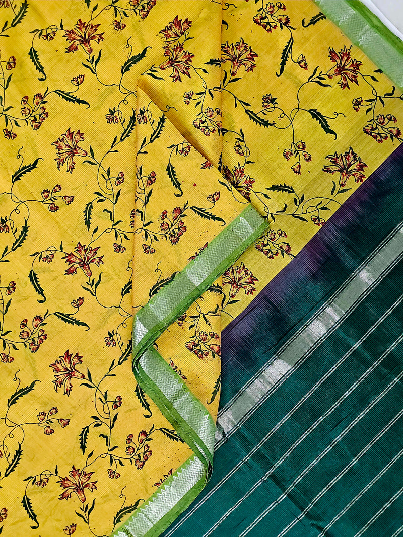Manjari – Yellow & Green Handloom Mangalagiri Silk Cotton Saree with Floral Print