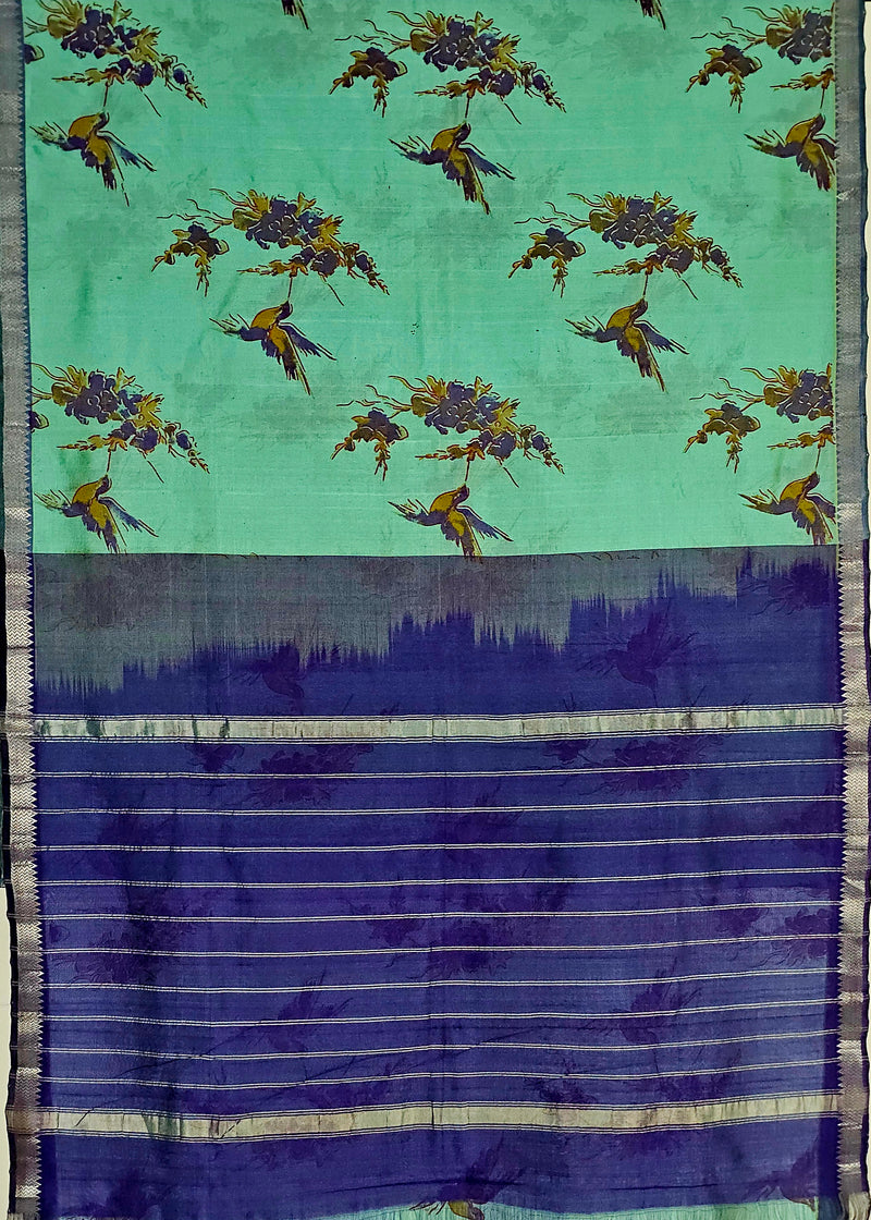 Manogna – Mint Green Handloom Mangalagiri Silk Cotton Saree with Hummingbirds and Violet Flowers Print