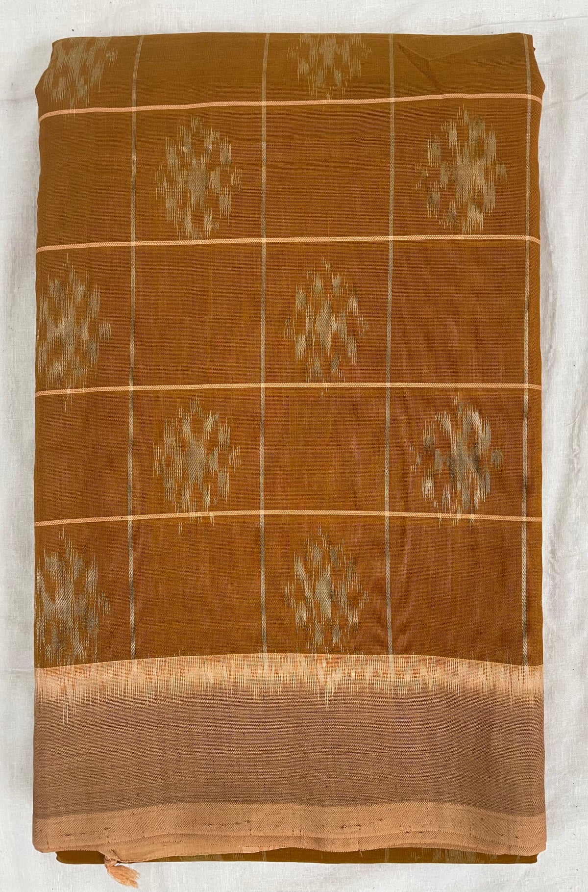 Tawny Brown Ikkat Cotton Saree with Beige Border