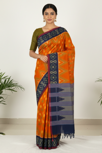 Orange Ikkat Cotton Saree with Navy Blue Border