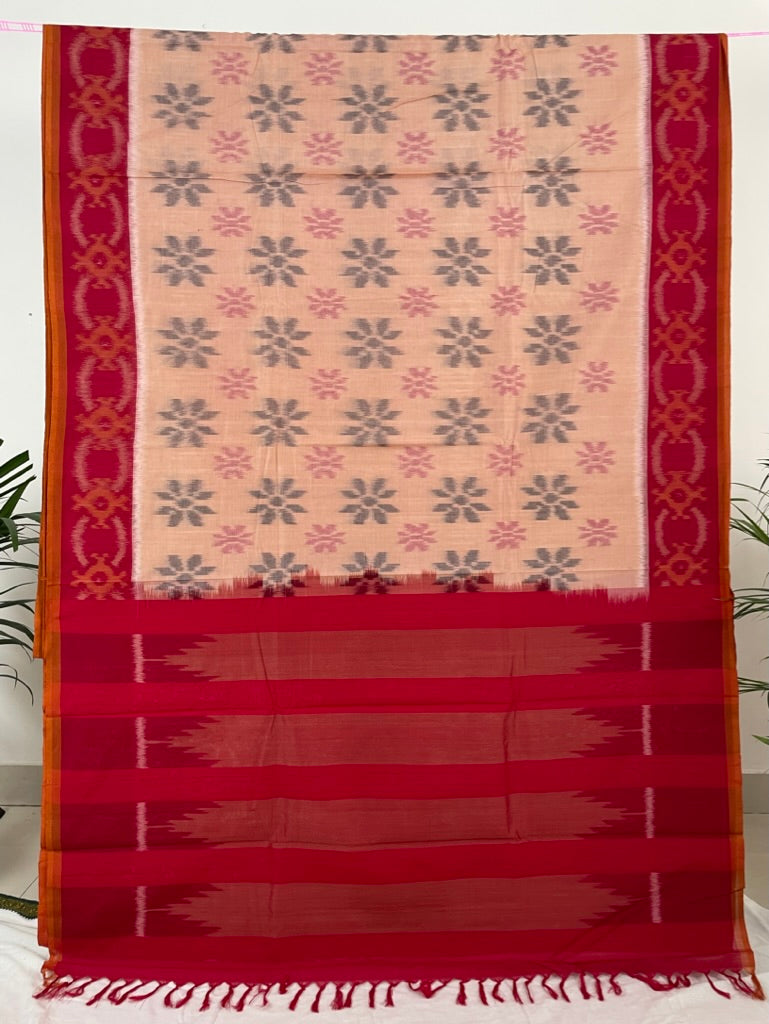 Salmon Pink Ikkat Cotton Saree with Red Border