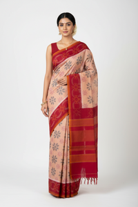 Salmon Pink Ikkat Cotton Saree with Red Border