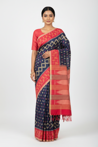 Navy Blue Ikkat Cotton Saree with Red Border