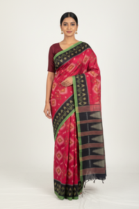 Red Ikkat Cotton Saree with Black Border