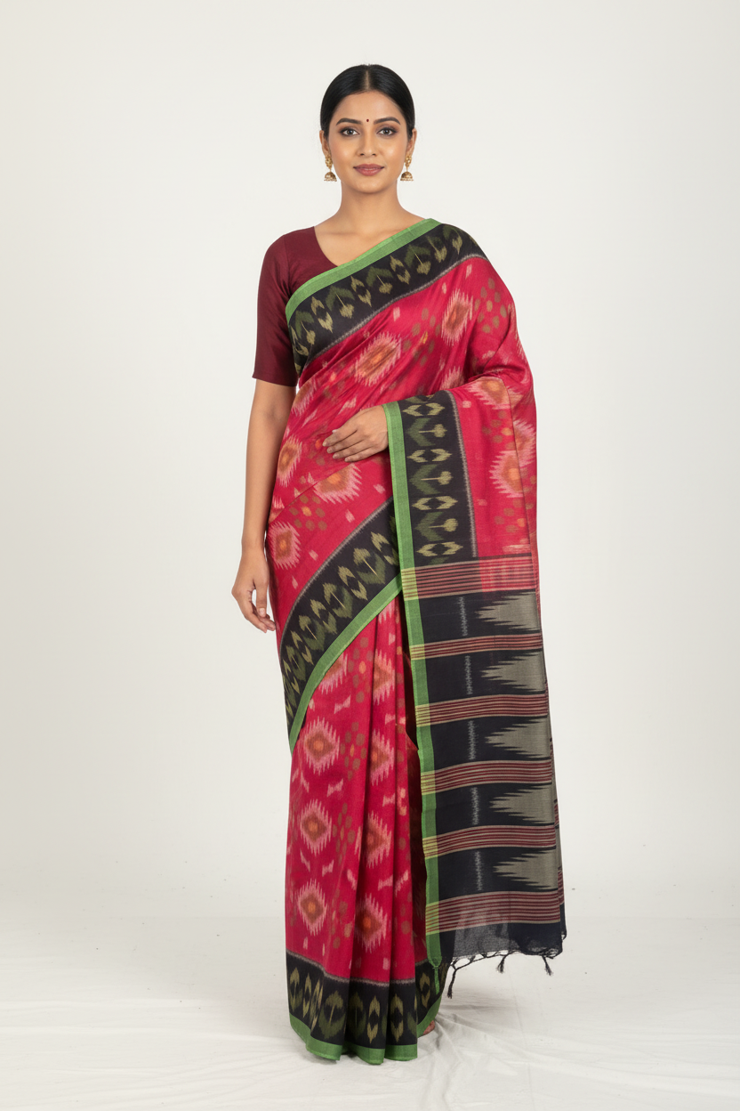 Red Ikkat Cotton Saree with Black Border