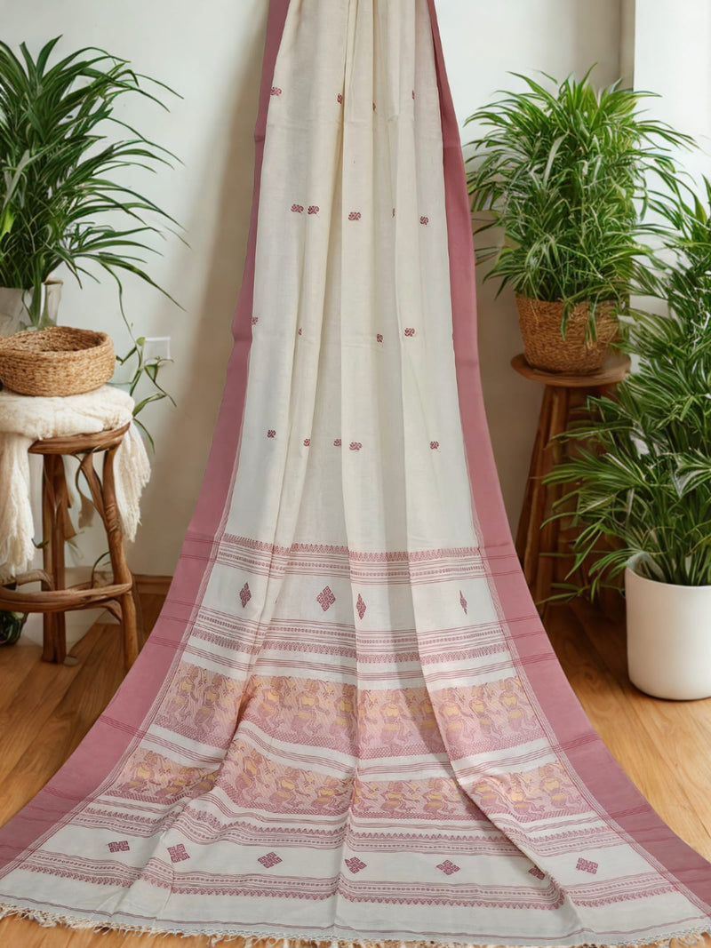 Aavya – Off-White Handloom Bengal Cotton Saree with Blush Pink Baluchari Motifs