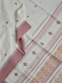 Aavya – Off-White Handloom Bengal Cotton Saree with Blush Pink Baluchari Motifs
