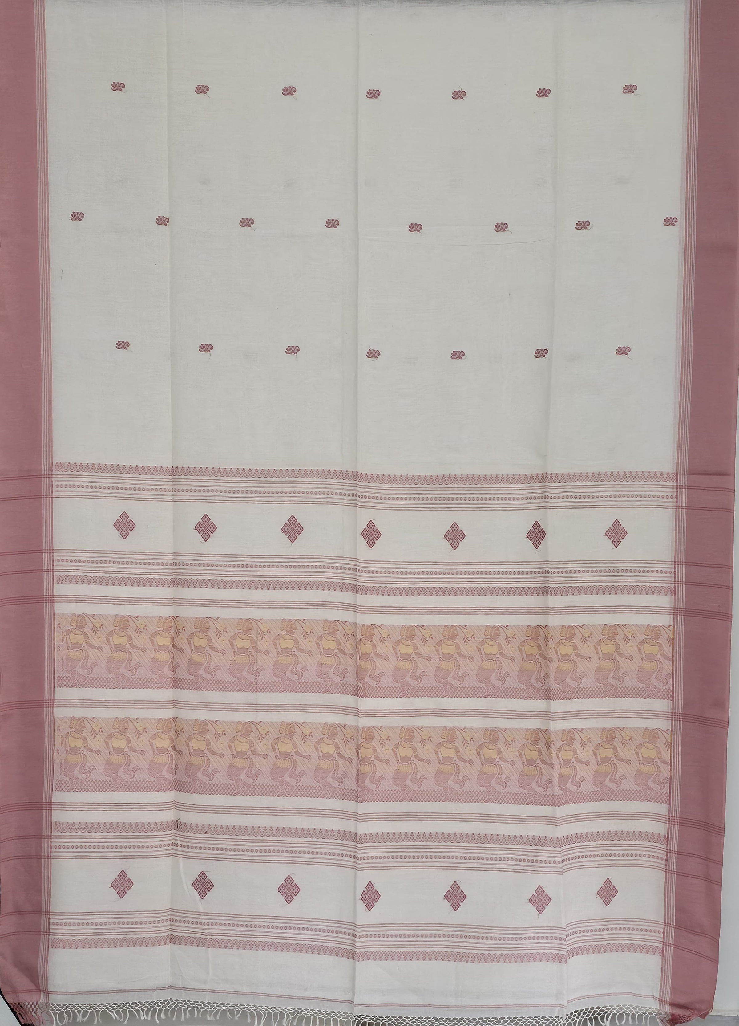 Aavya – Off-White Handloom Bengal Cotton Saree with Blush Pink Baluchari Motifs