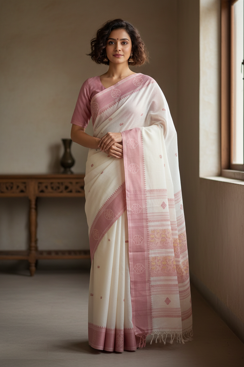 Aavya – Off-White Handloom Bengal Cotton Saree with Blush Pink Baluchari Motifs