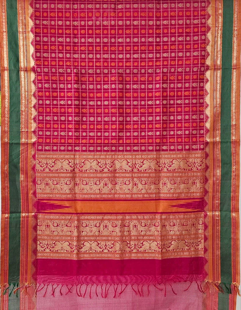 Aayiramgriva – Pink Aayiram Butta Handloom Kanchi Silk Cotton Saree with Gandabherunda Pakshi Motifs